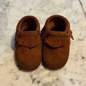 Minnetonka Kids Moccasins in Rich Brown Suede